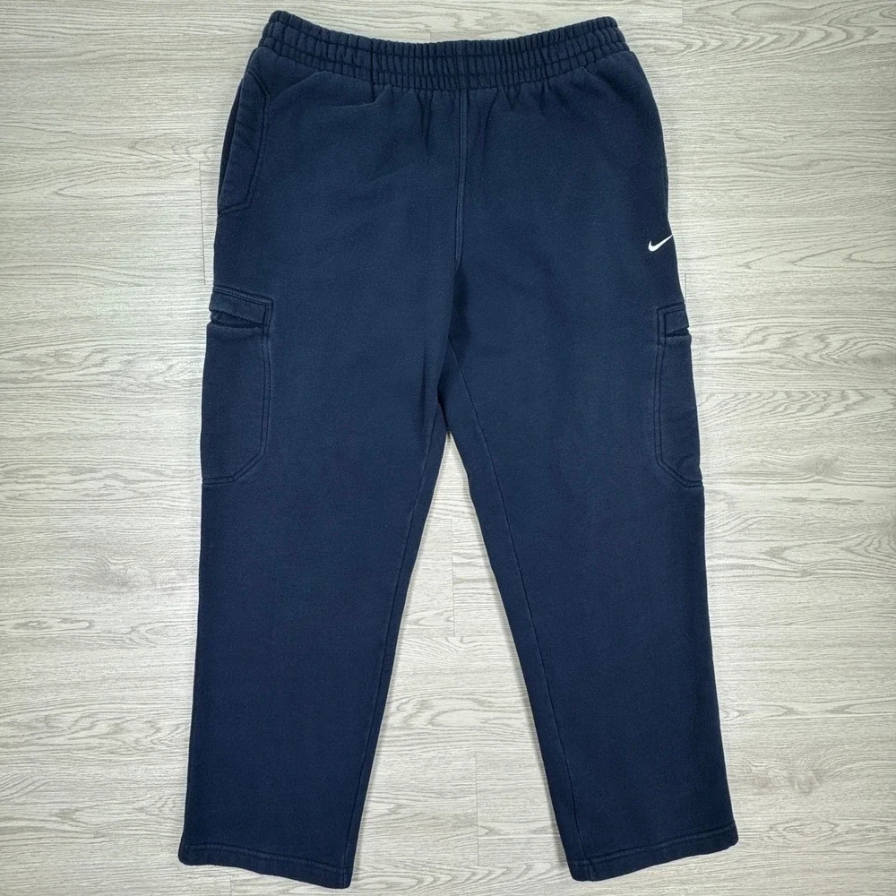 Nike Mens Sweatpants Cargo Fleece Navy Blue Large Swoosh Logo Relaxed Fit Sporty
